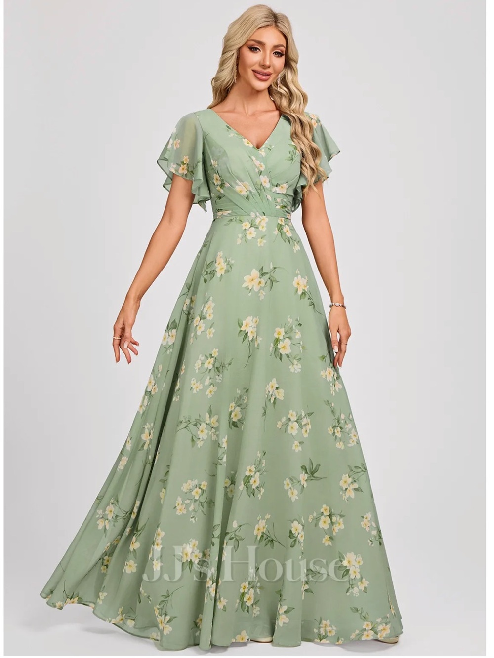 NWT JJ's House Cesia Green Floral Chiffon Ruffle Maxi Dress Special Event 16W - Picture 2 of 16